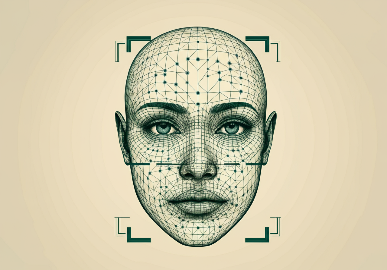 Computer vision clinical analysis grid — geometric patterns representing full-body visual biomarker tracking — face, arms, legs, torso