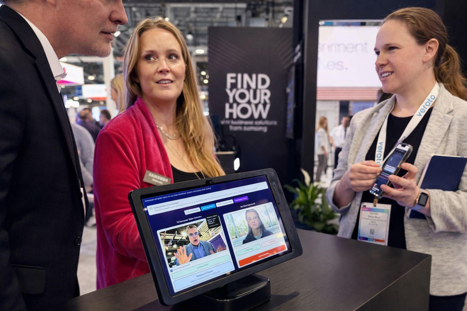 GIA® live at the Samsung booth — real operators engaging with the platform on Samsung Health Grade Galaxy devices