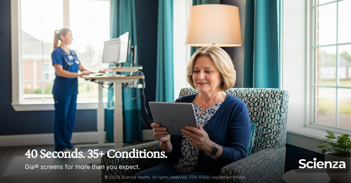 Tablet showing GIA® on a video call — screening 46 conditions from a single patient conversation